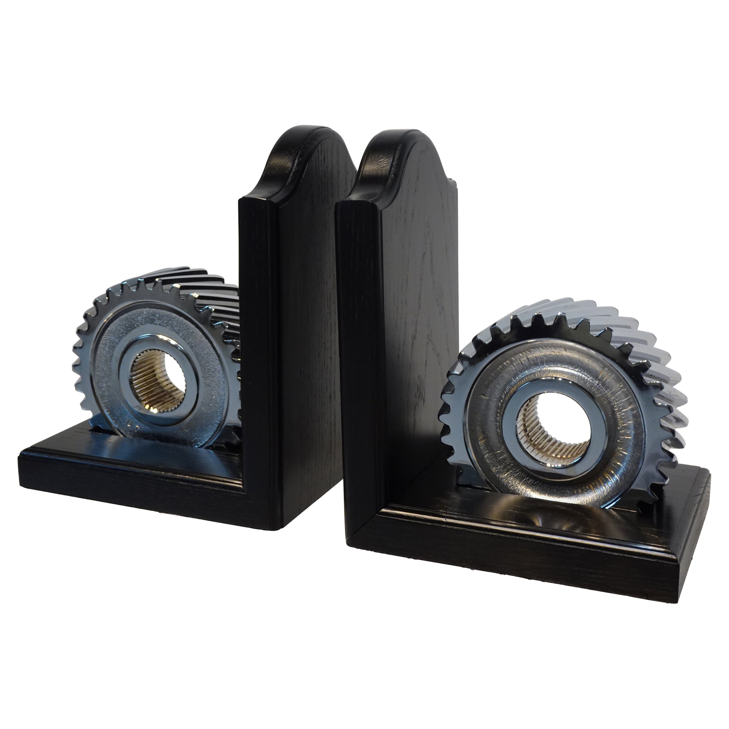 Chromed Industrial Gear / Wood Bookends