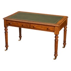 English Writing Desk or Table of Oak with Embossed Leather Top