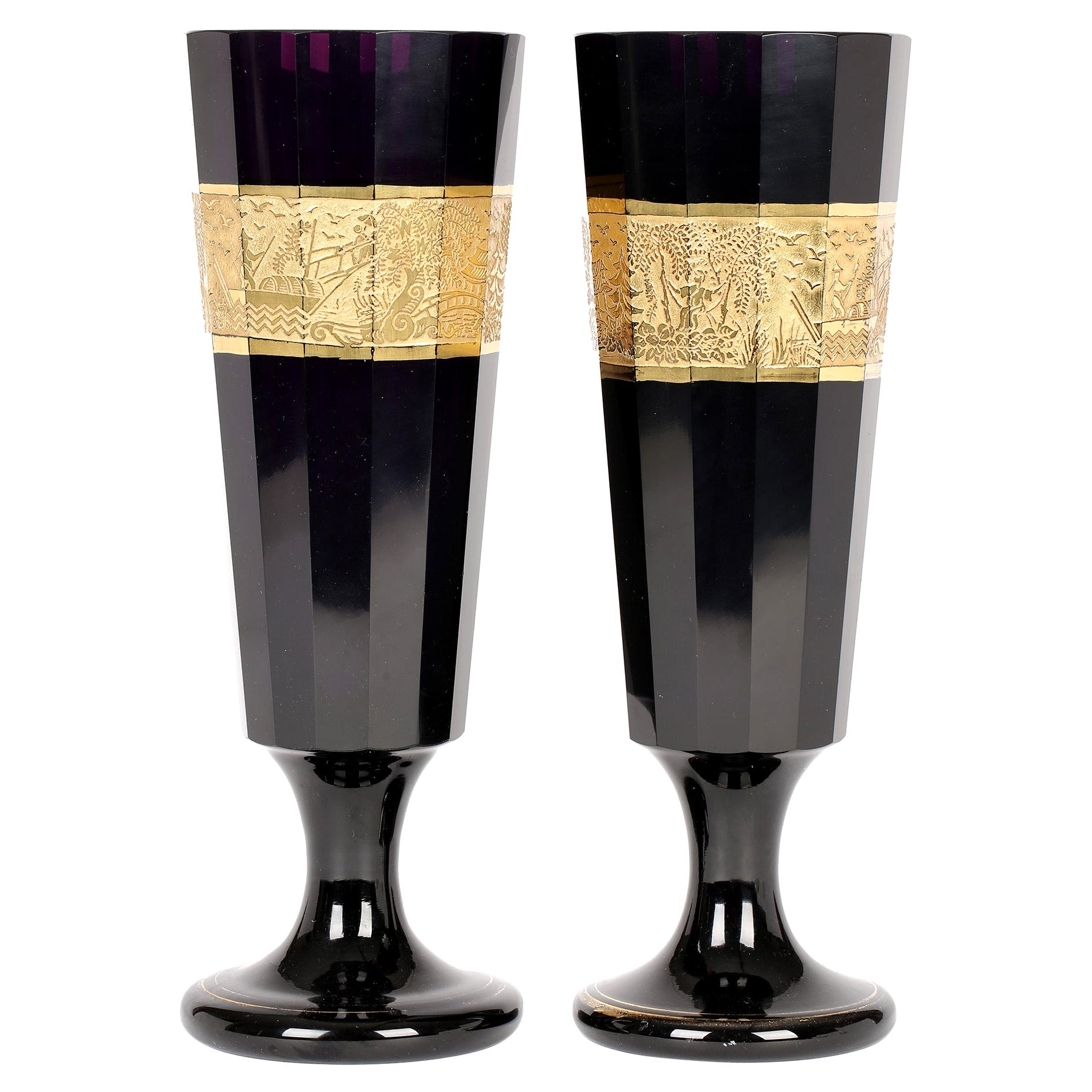Moser Large Pair Amethyst Pedestal Glass Vases with Chinese Designs  For Sale