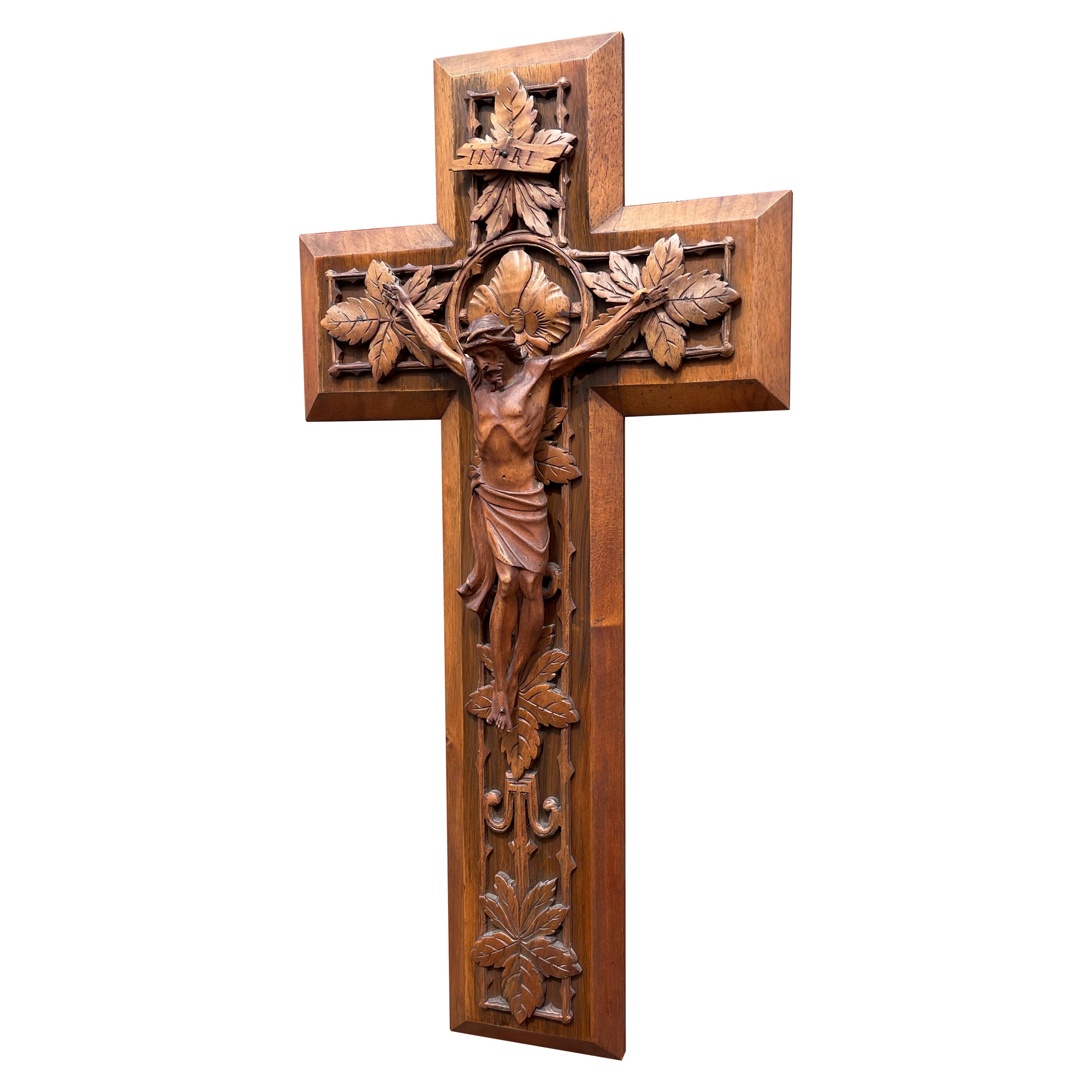 Antique Hand Carved Black Forest Nutwood Crucifix w. Corpus of Christ Sculpture