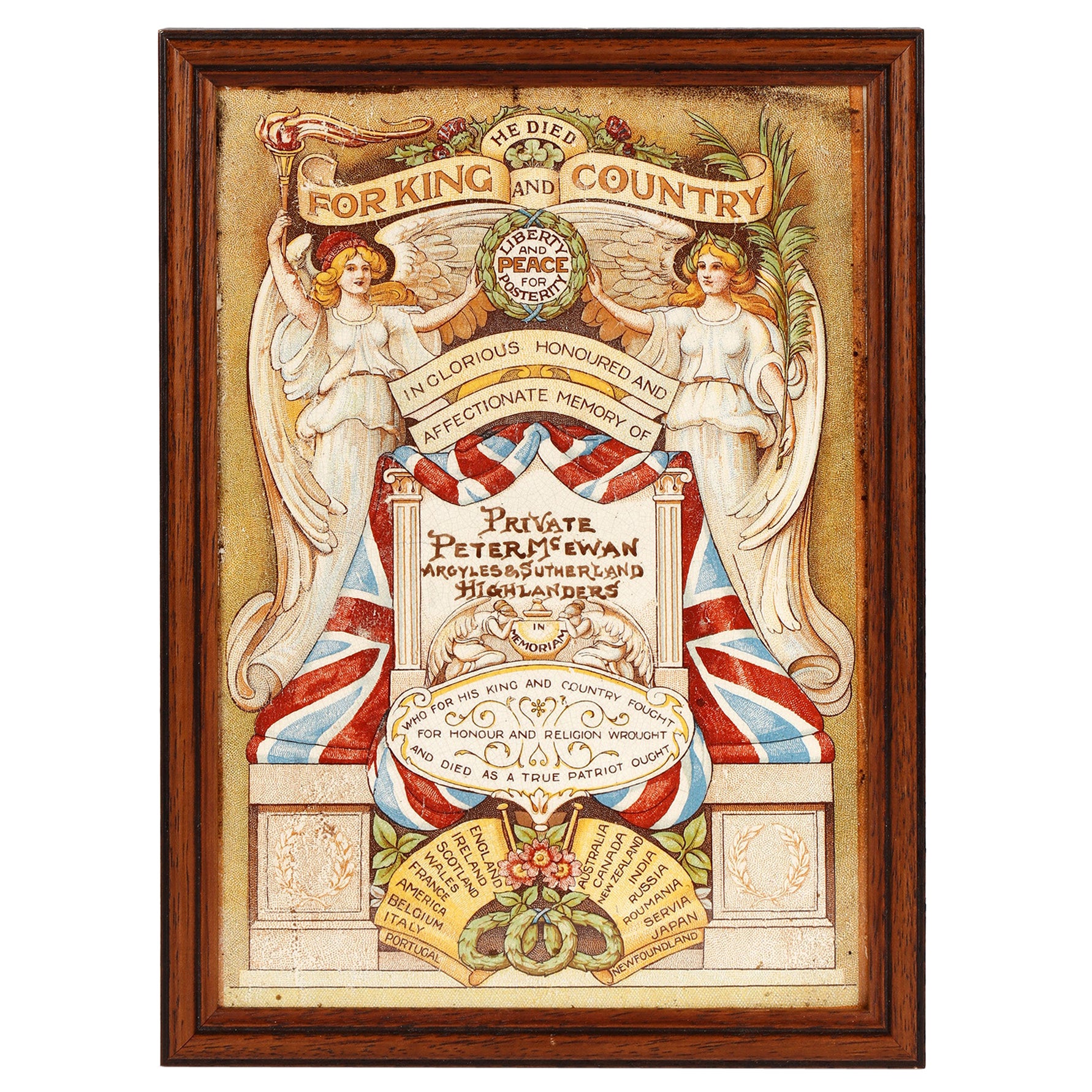 WWI Framed Memorial Death Tile 1917 Argyll & Sutherland Highlanders