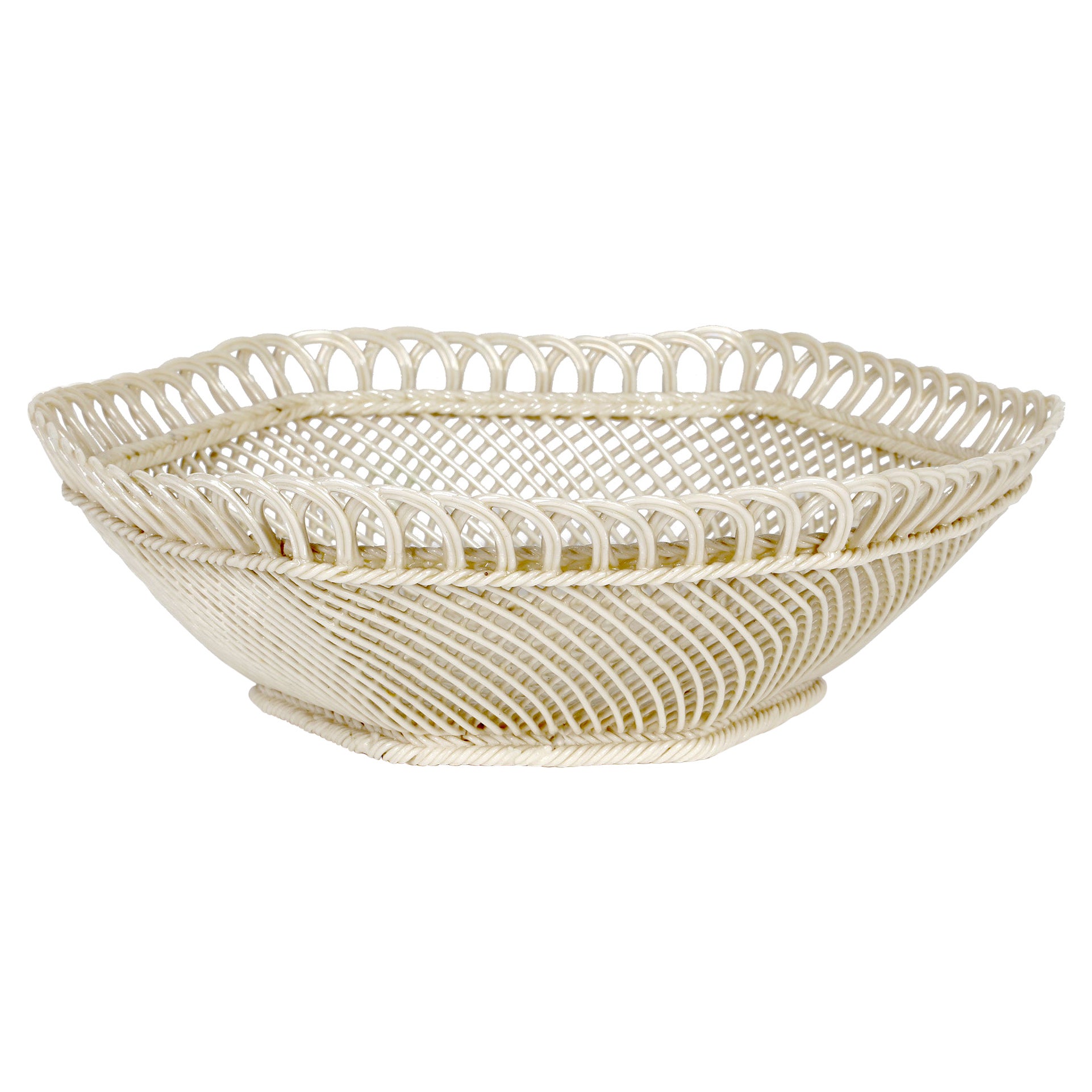 Cesta de porcelana antigua irlandesa Belleek con forma hexagonal esmaltada en reflejo metálico