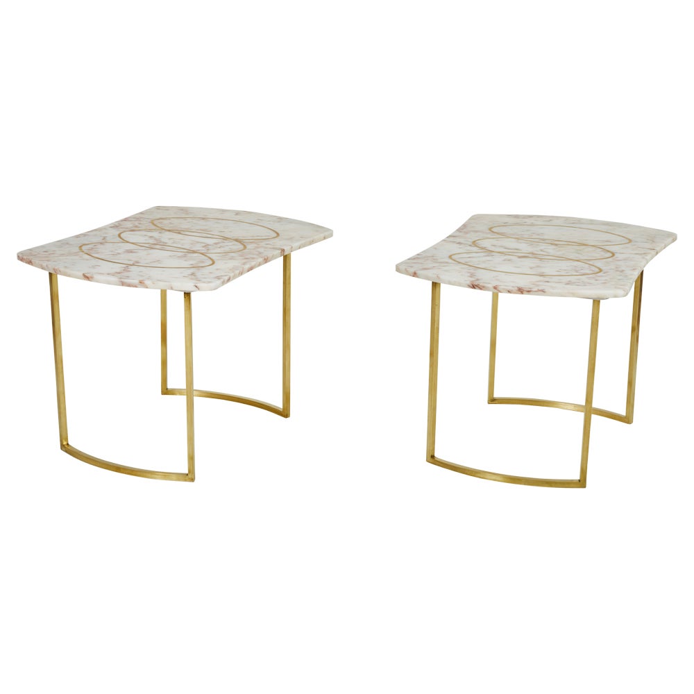 Pair of Brass Inlaid Marble Top Side Tables on Brass Bases