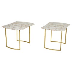 Retro Pair of Brass Inlaid Marble Top Side Tables on Brass Bases