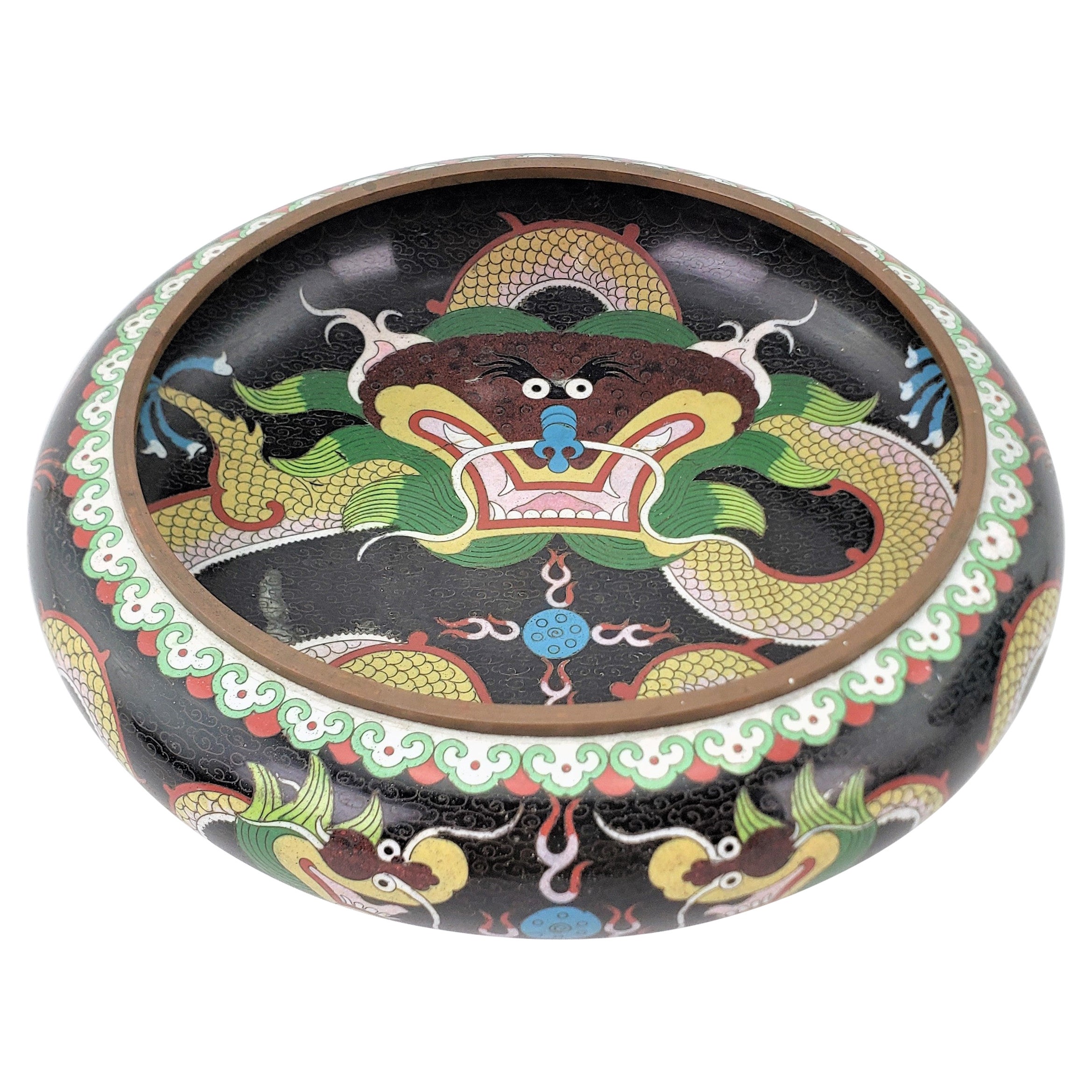 Large Antique Chinese Cloisonnae Imperial Dragon Decorated Bowl For Sale