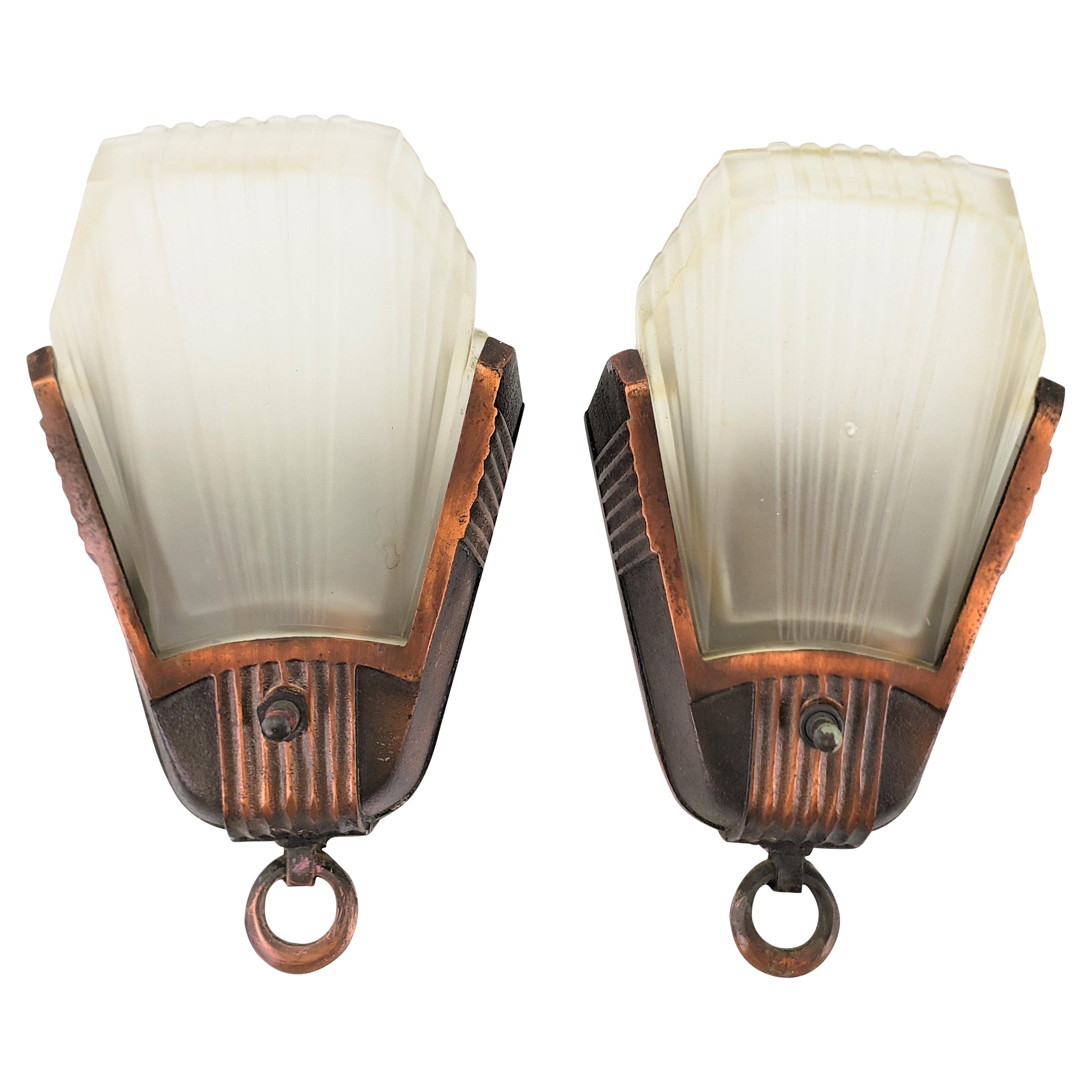 Pair of Art Deco Frosted Glass Fan Shaped Slip Shade Wall Sconces For Sale