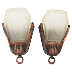 Pair of Art Deco Frosted Glass Fan Shaped Slip Shade Wall Sconces