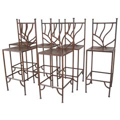 Vintage Spanish Wrought Iron Barstools with Back Set of Six