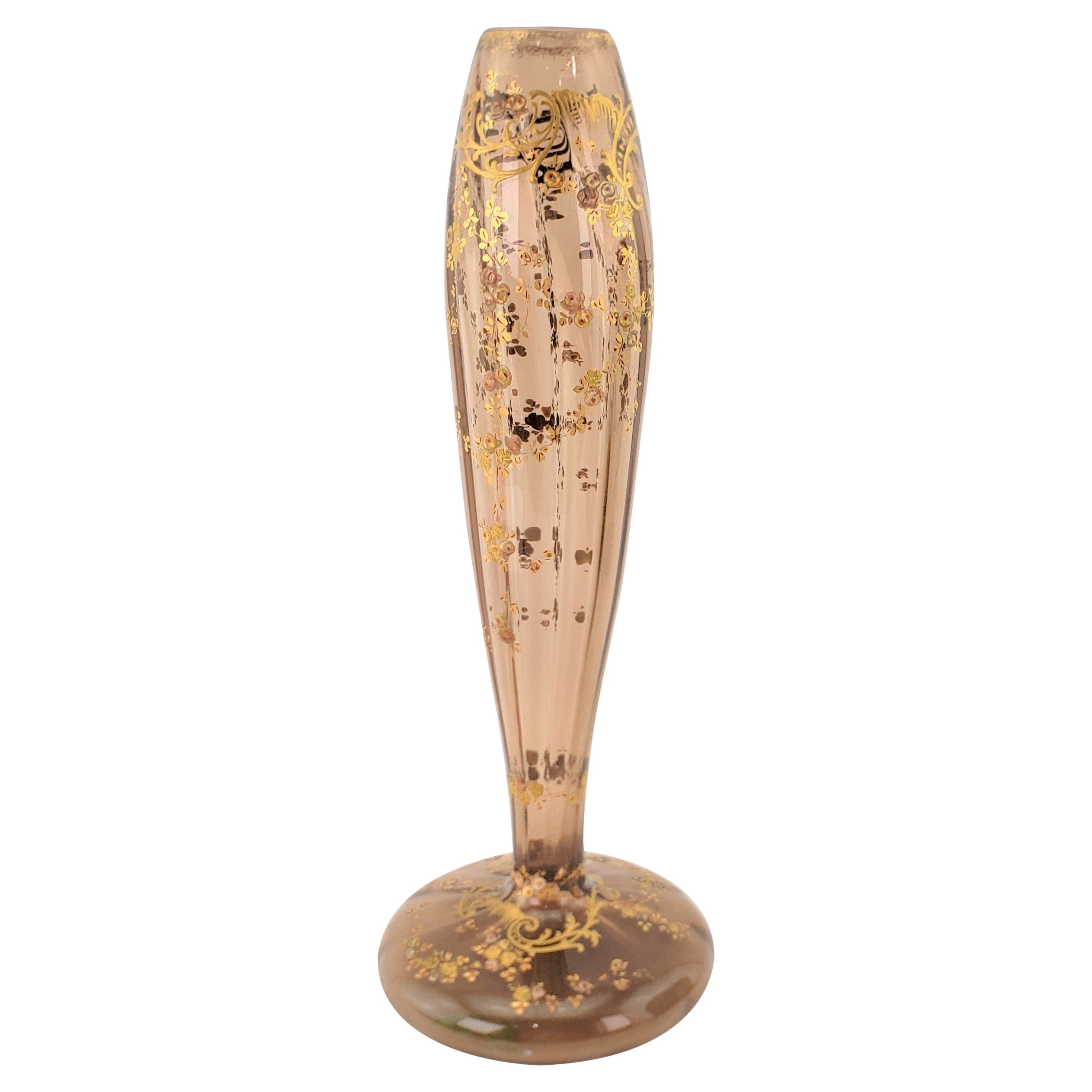 Große antike bauchige Vase aus Rauchquarz mit vergoldeter und emaillierter Blumendekoration