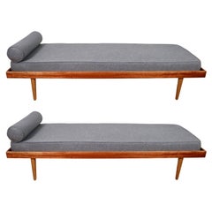 Hans Wegner Style Daybeds in Grey Wool on White Oak and African Mahogany Frames