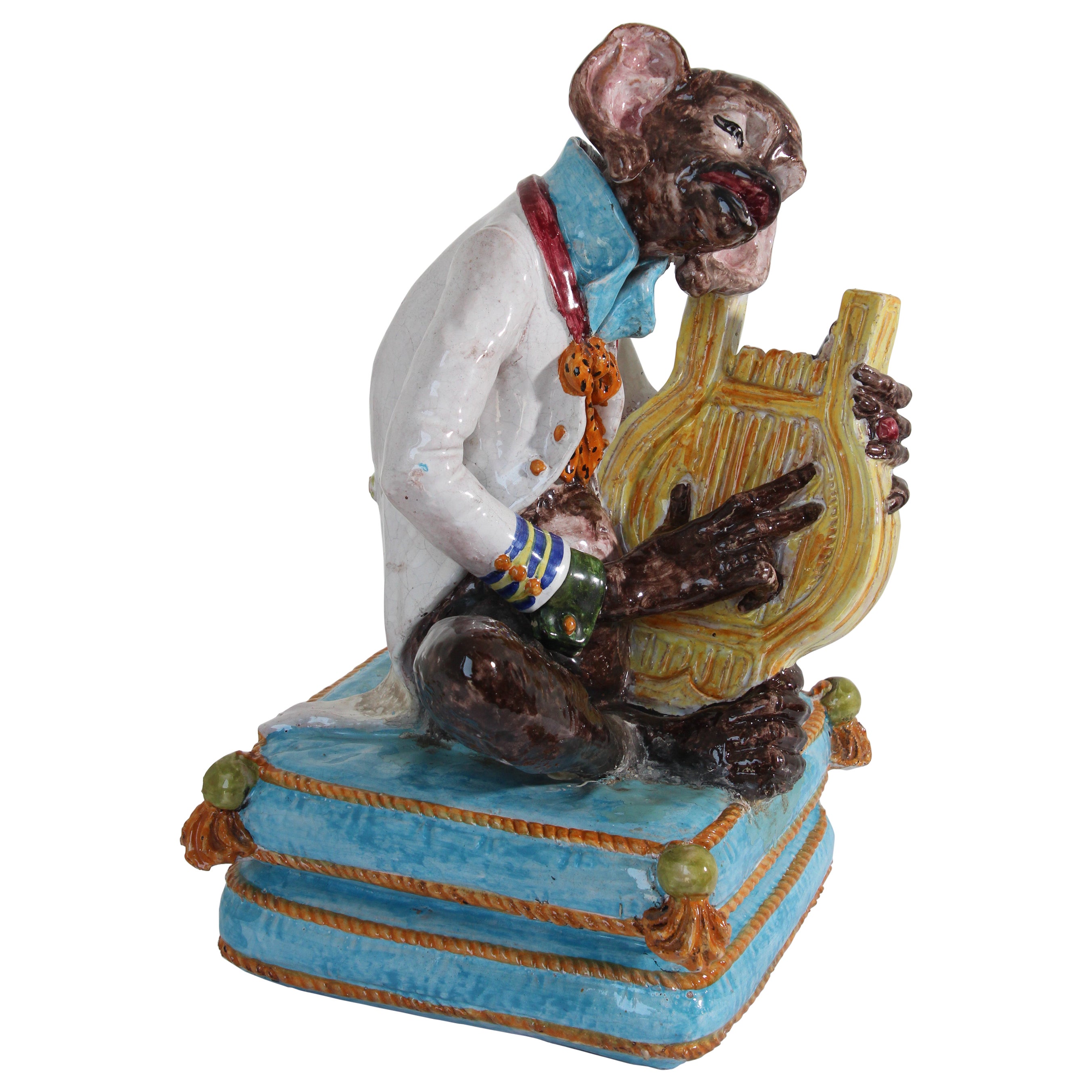 Majolica Terra Cotta Large Figure of a Monkey Playing the Harp For Sale