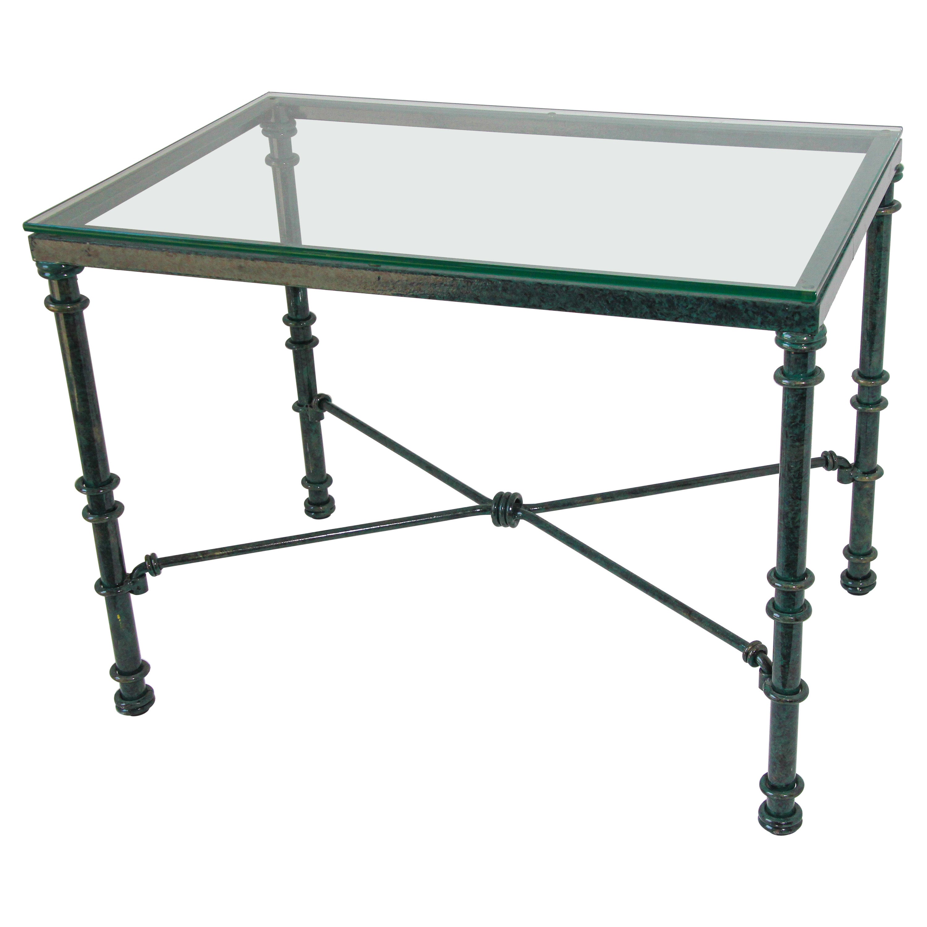 Verdigris Metal and Glass Rectangular Coffee Table, Style