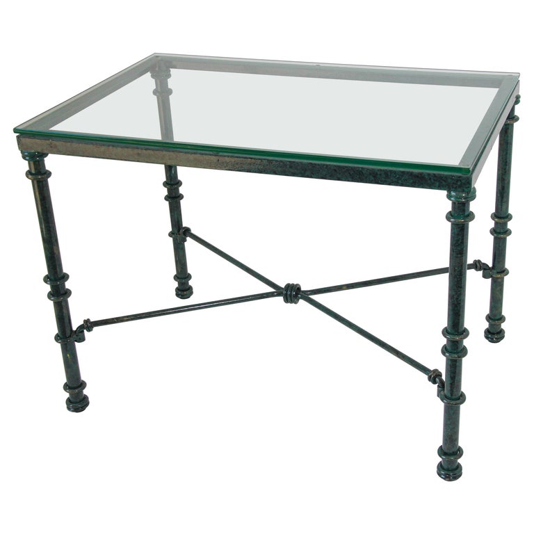 Glass Top Coffee Table with Metal Verdigris Finish Patina For Sale