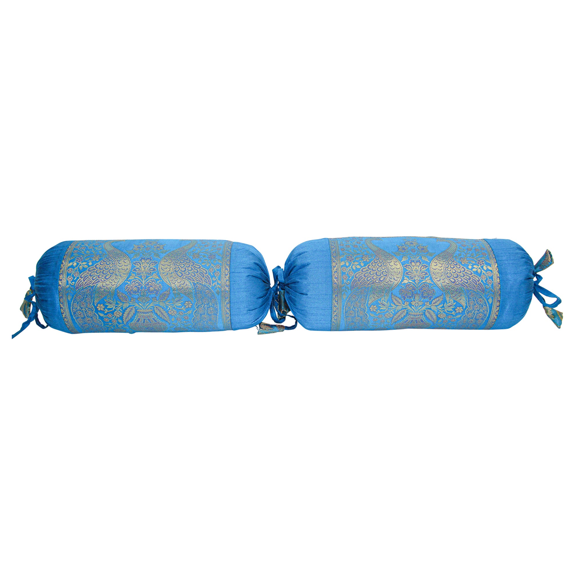Vintage Brocade Silk Bolster Pillows Turquoise Blue and Gold Colors with Peacock