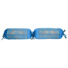 Retro Brocade Silk Bolster Pillows Turquoise Blue and Gold Colors with Peacock