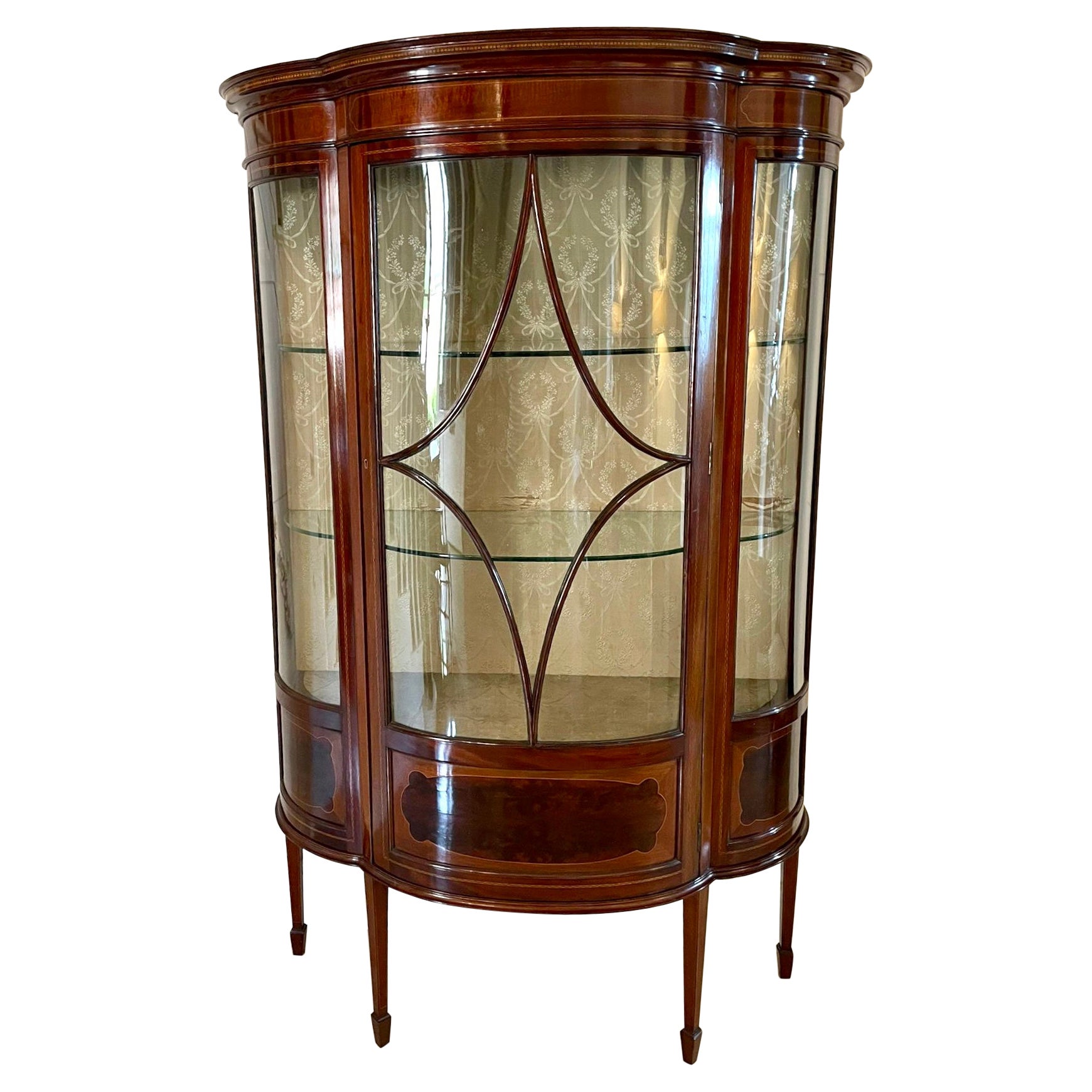Fine Quality Antique Edwardian Inlaid Mahogany Shaped Display Cabinet For Sale