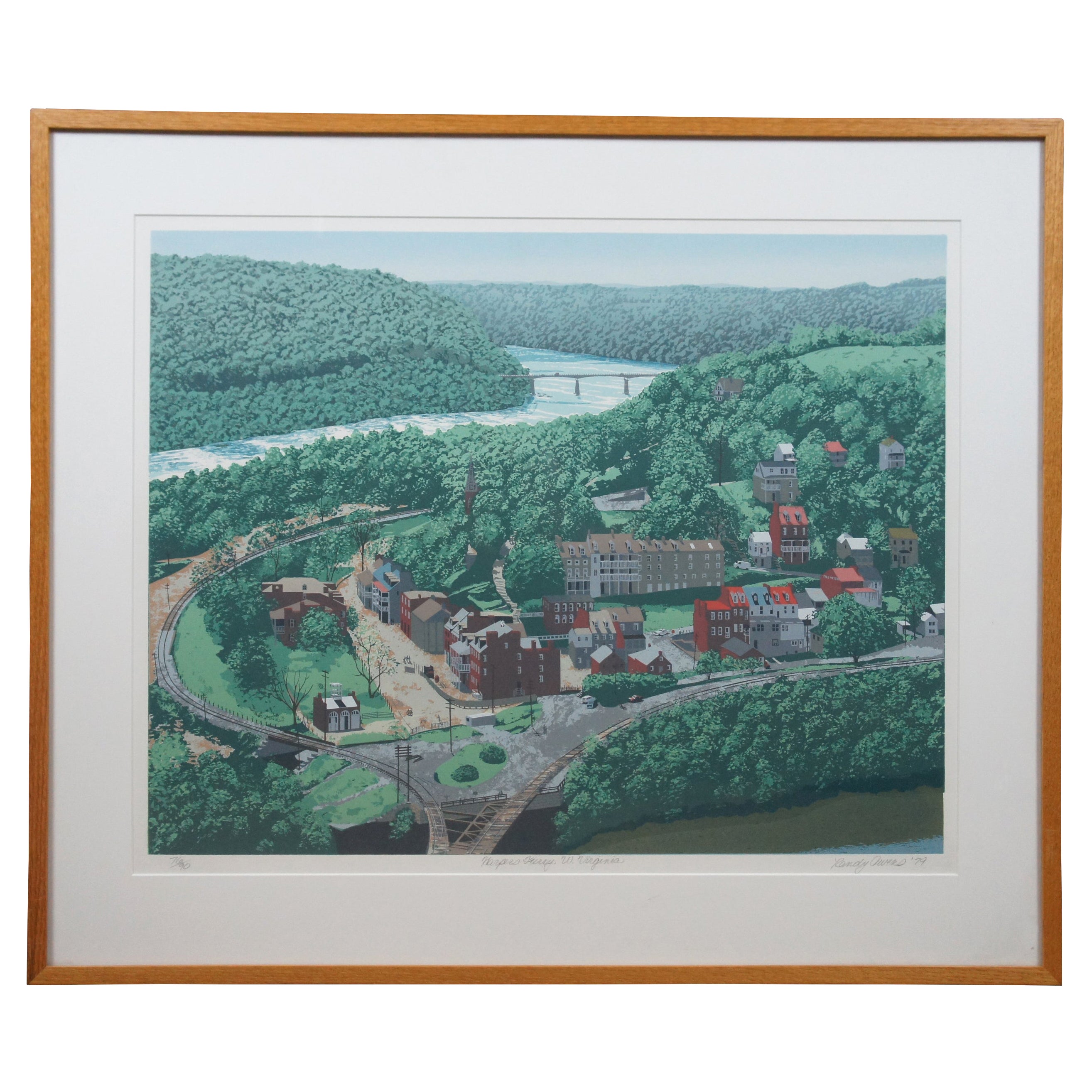 1979 Randy Owens Harpers Ferry West Virginia City Land Cityscape Serigraph Print For Sale