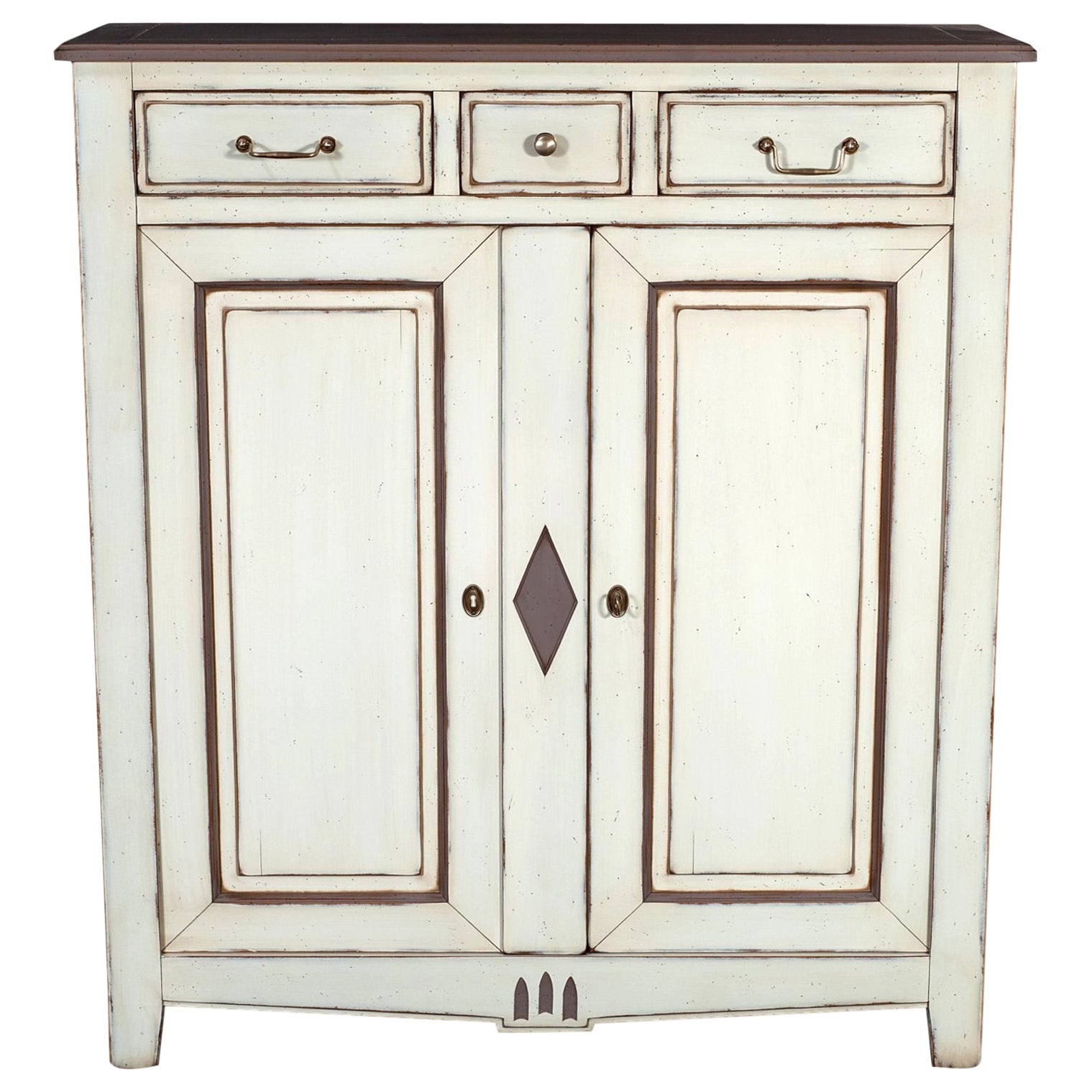 Cherry Wood 2 Doors 3 Drawers French Cabinet, White and Grey Lacquered For Sale