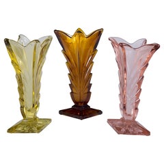 Vases en verre rose, jaune et orange fabriqués en Bohème, état d'origine, Art déco