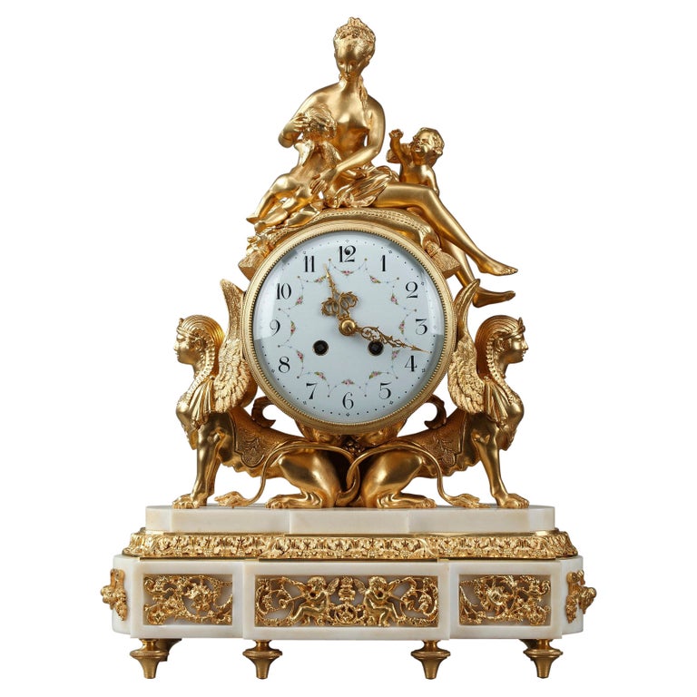 Louis XVI Style Gilt Bronze and White Marble Clock For Sale