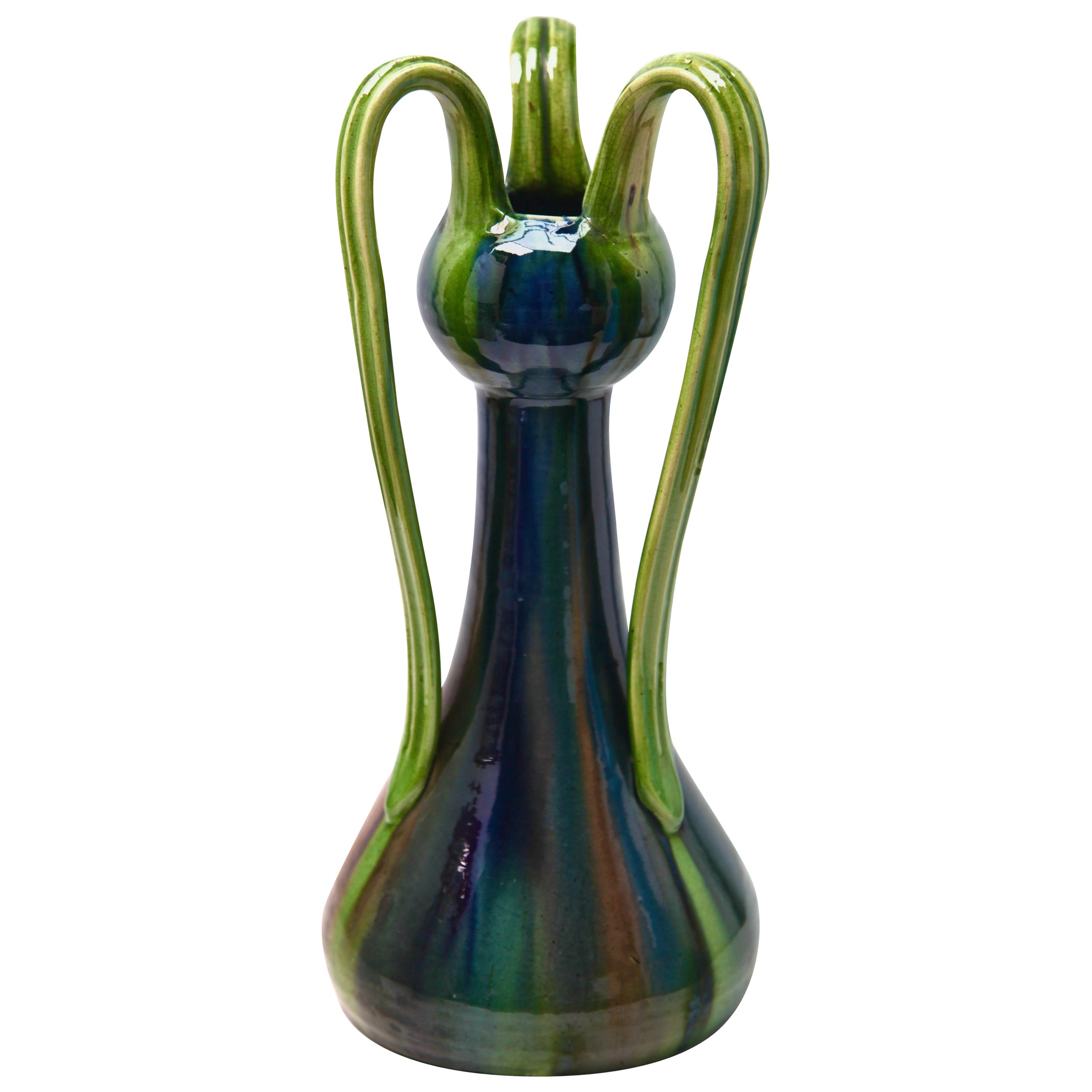 Art Nouveau Vase with 3 Handles with Controlled Drip Glazes in Blue and Green