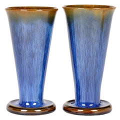 Vintage Denby Danesby Art Deco Pair Blue Streak Glazed Stoneware Vases