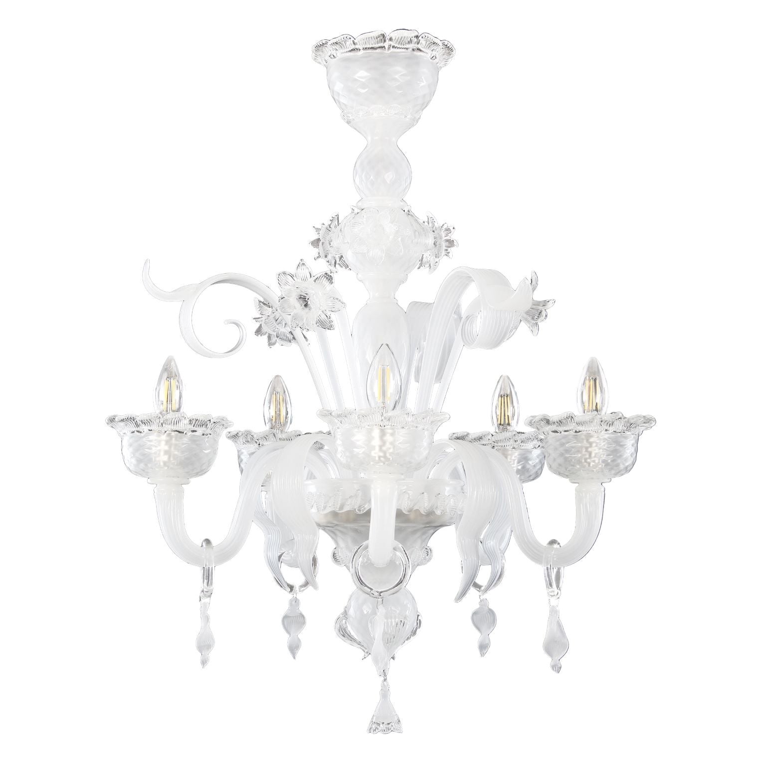 Artistic Chandelier 5 Arms White Silk Murano Glass Clear Details by Multiforme For Sale
