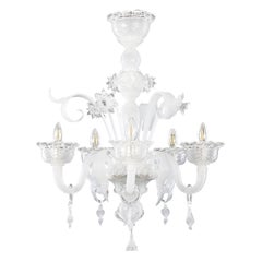 Artistic Chandelier 5 Arms White Silk Murano Glass Clear Details by Multiforme