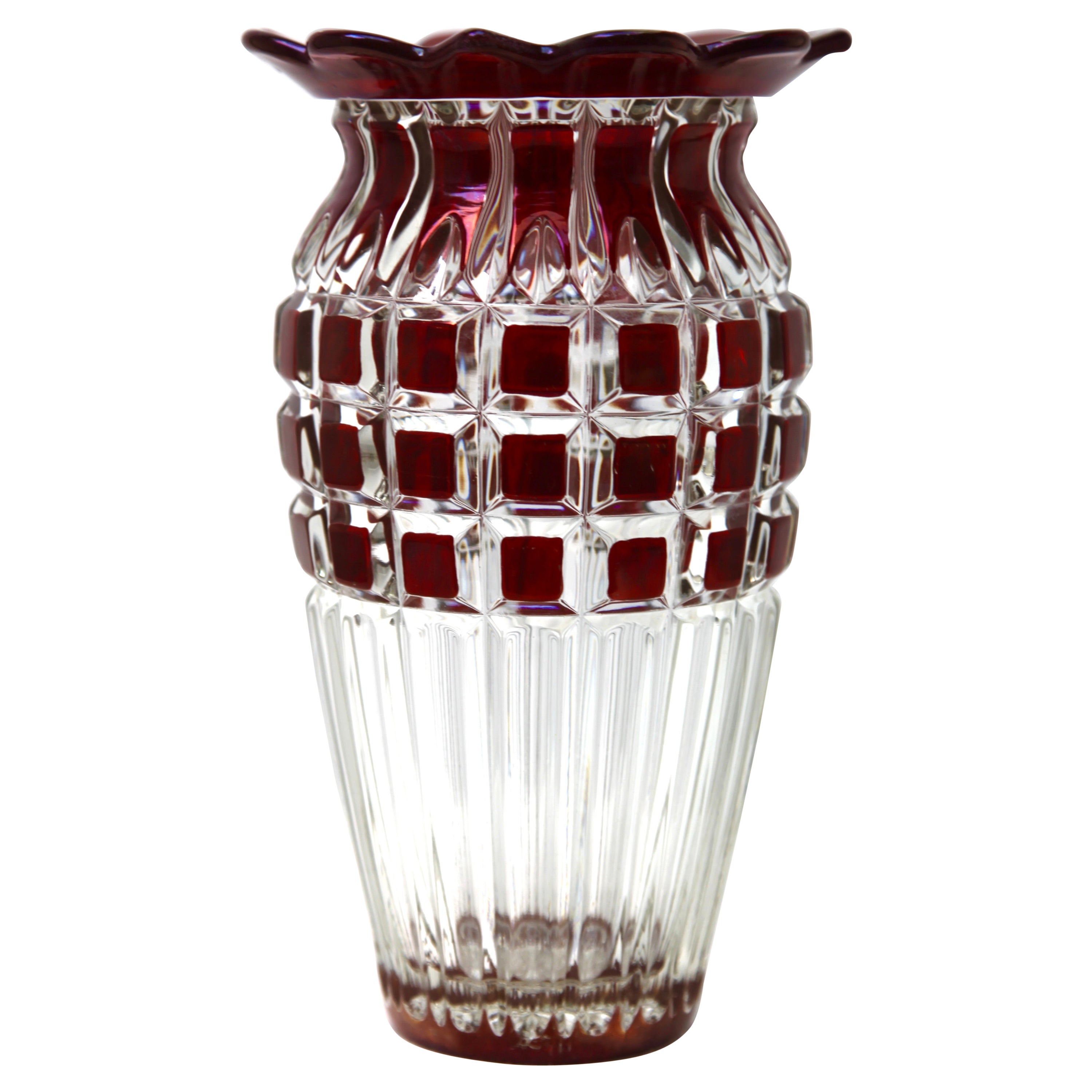 Bohemian 'Vase, Cranberry Collard Crystal Cut-to-Clear, Geometric Decoration For Sale