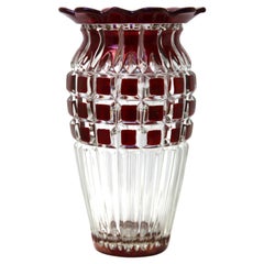 Bohemian 'Vase, Cranberry Collard Crystal Cut-to-Clear, Geometric Decoration