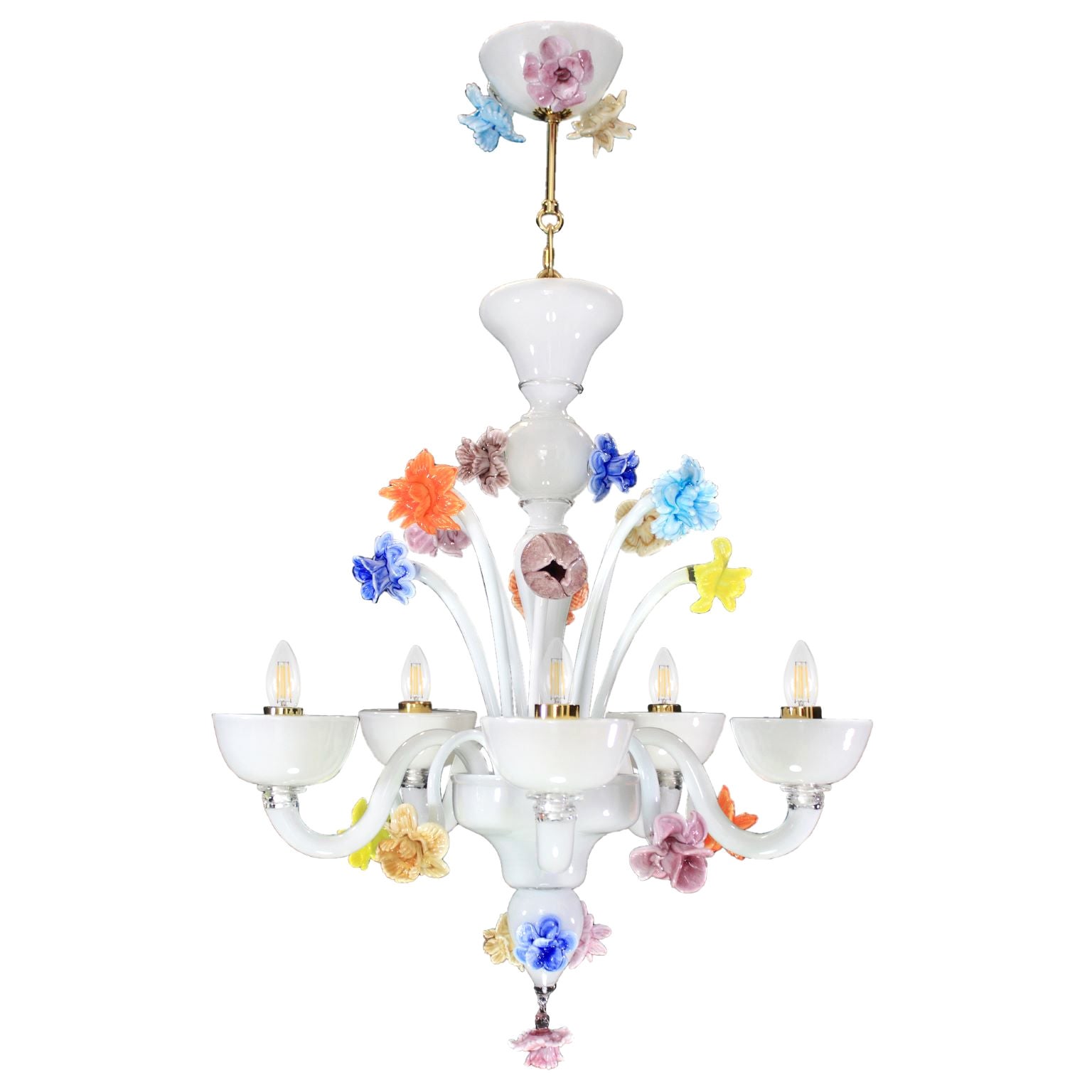 Artistic Chandelier 5 Arms White Murano Glass, Vitreous Details by Multiforme For Sale