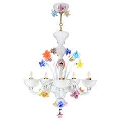 Artistic Chandelier 5 Arms White Murano Glass, Vitreous Details by Multiforme
