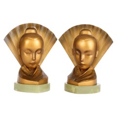 Aubör Austrian Art Deco Geisha Girl and Fan Bronze Bookends