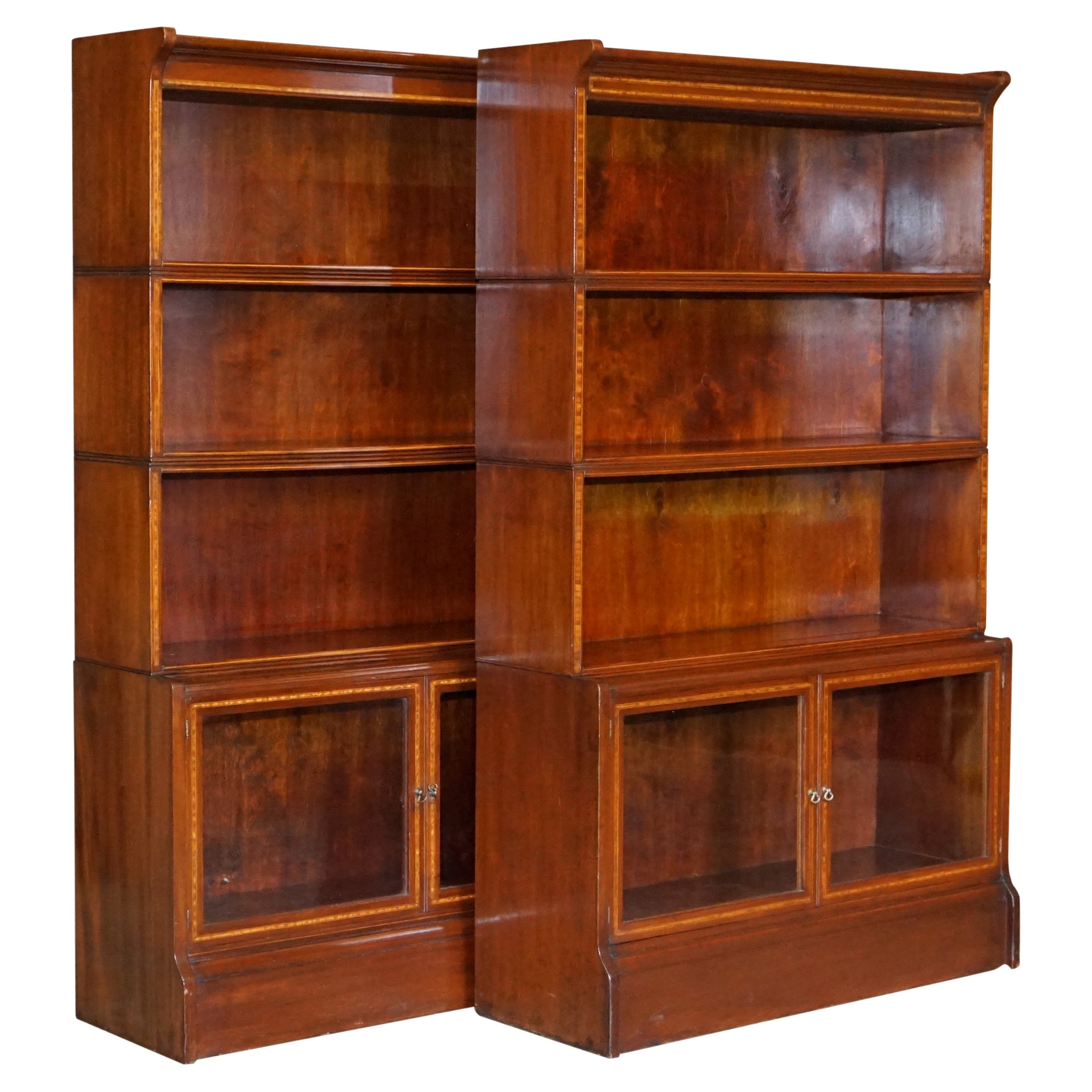 Antique Pair of William Baker Co Hardwood Satinwood & Walnut Legal Bookcases For Sale