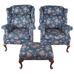 2 Vintage Queen Anne Mahogany Wingback Library Club Arm Chairs & Ottoman