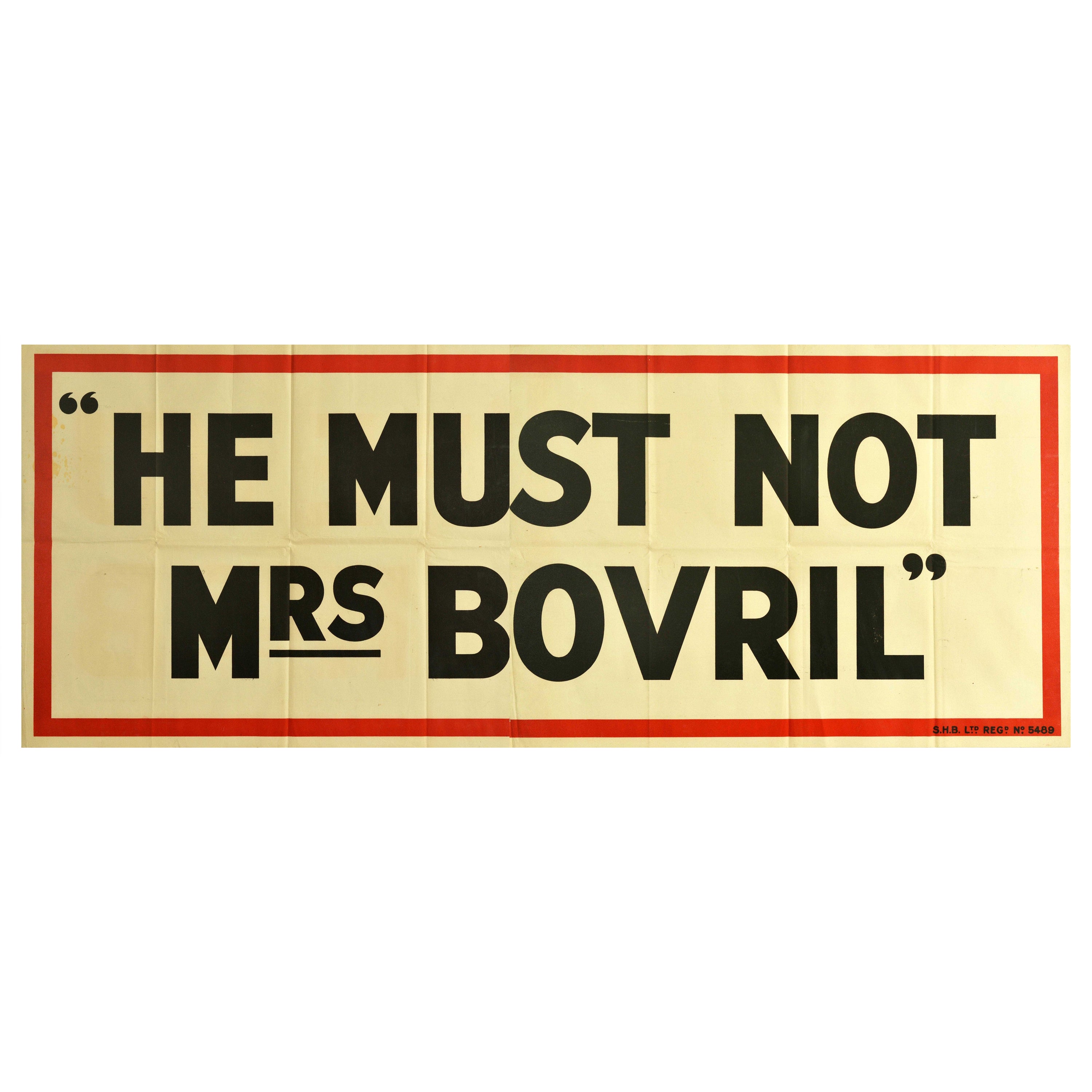 Affiche rétro originale, He Must Not Mrs Bovril, Word Play, Campagne de produits alimentaires, Pun Drink