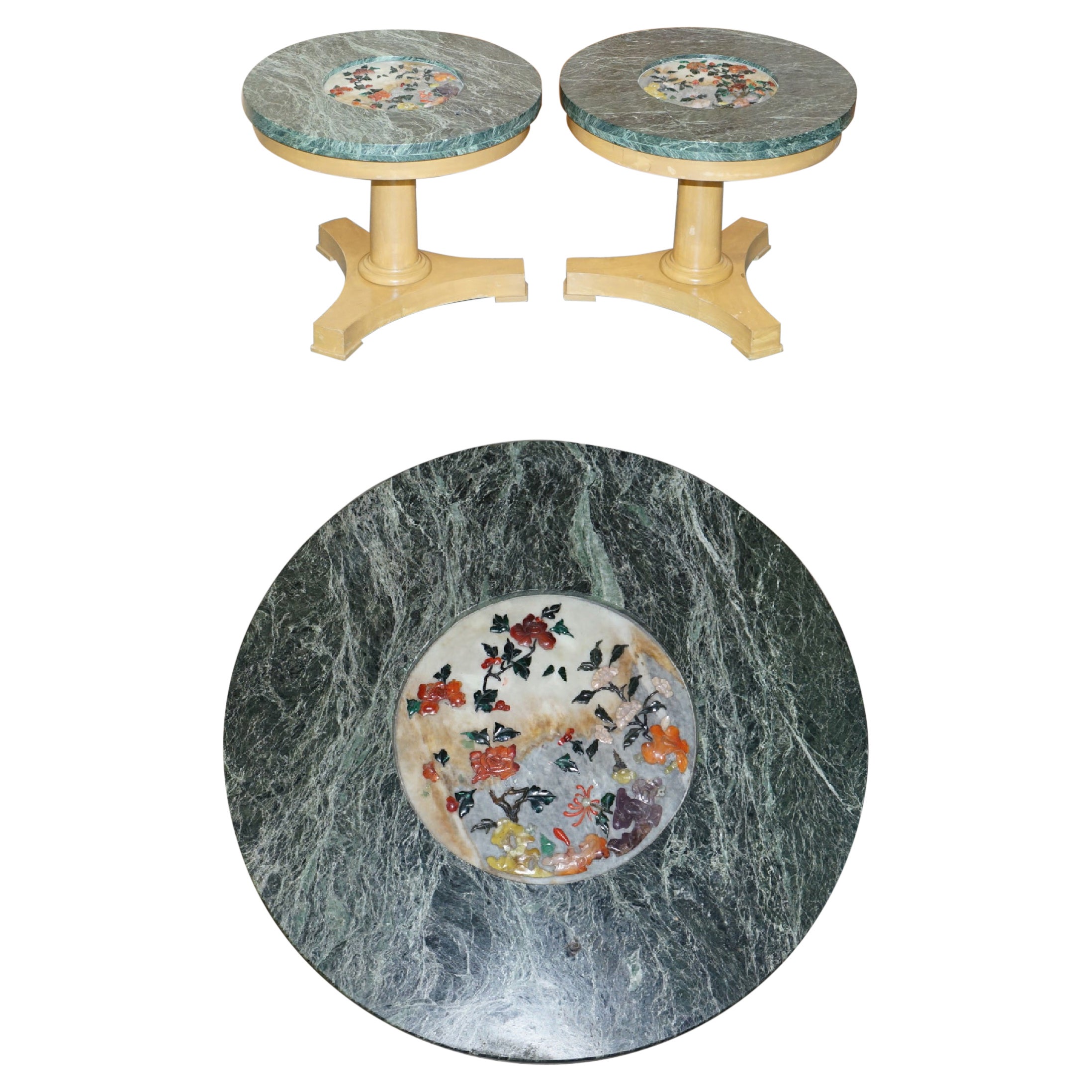 Pair of Walnut Side Tables with Green Marble Tops Inset with Hardstone Flowers