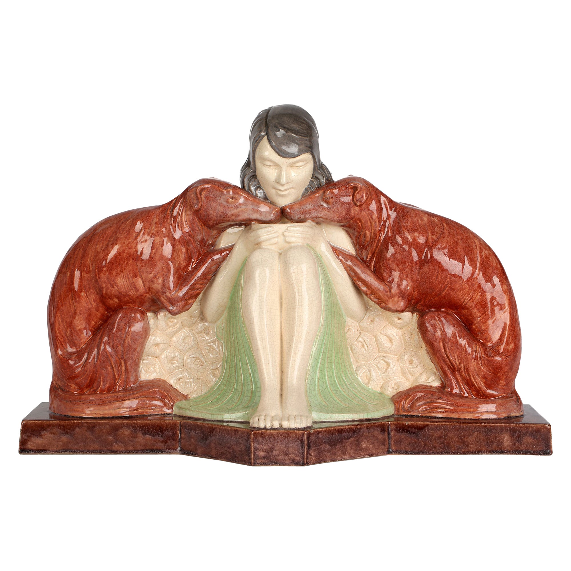 Marcel Guillard Art Deco Girl & Borzoi Pottery Sculpture for Etling Paris