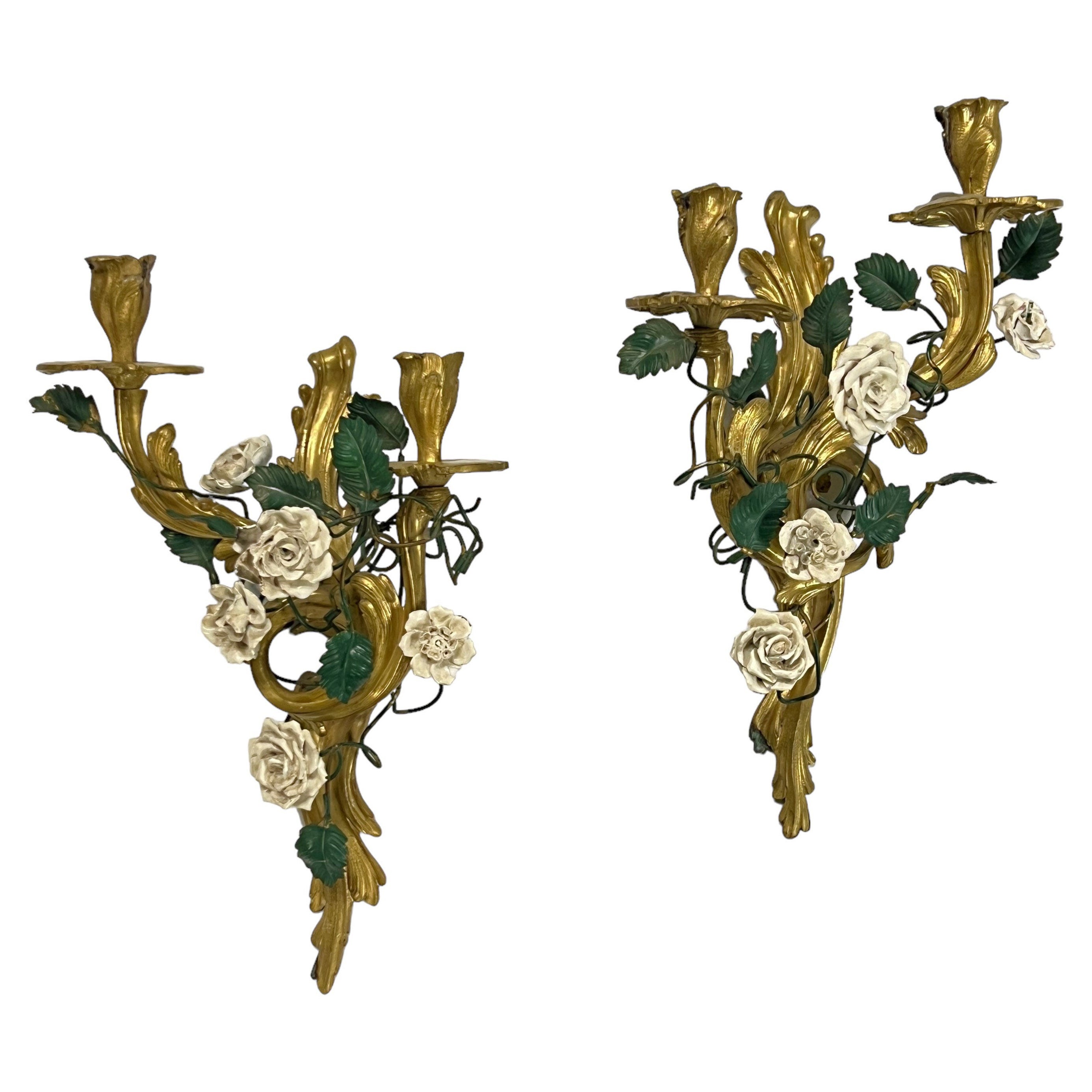 Pair 19th Century Louis XV Style Gilt Bronze Sconces with White Roses