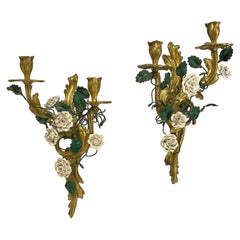 Antique Pair 19th Century Louis XV Style Gilt Bronze Sconces with White Roses