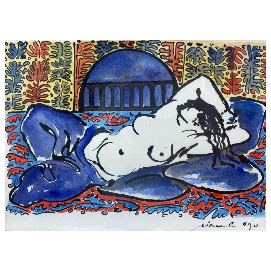 20th Century School "jeune femme alanguie" Watercolor on Paper, Signature  For Sale