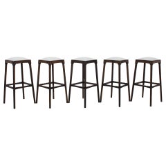 Vintage 1950s Belgian Wooden Bar Stools with Upholstered Seats, Set of Five