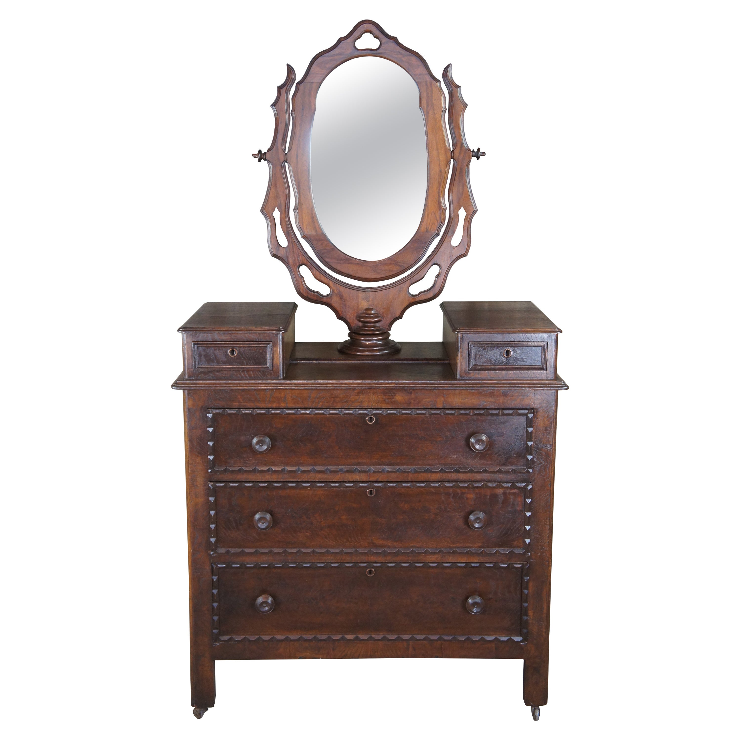 Antique Victorian Walnut Dresser & Wishbone Swivel Mirror Glovebox Chest