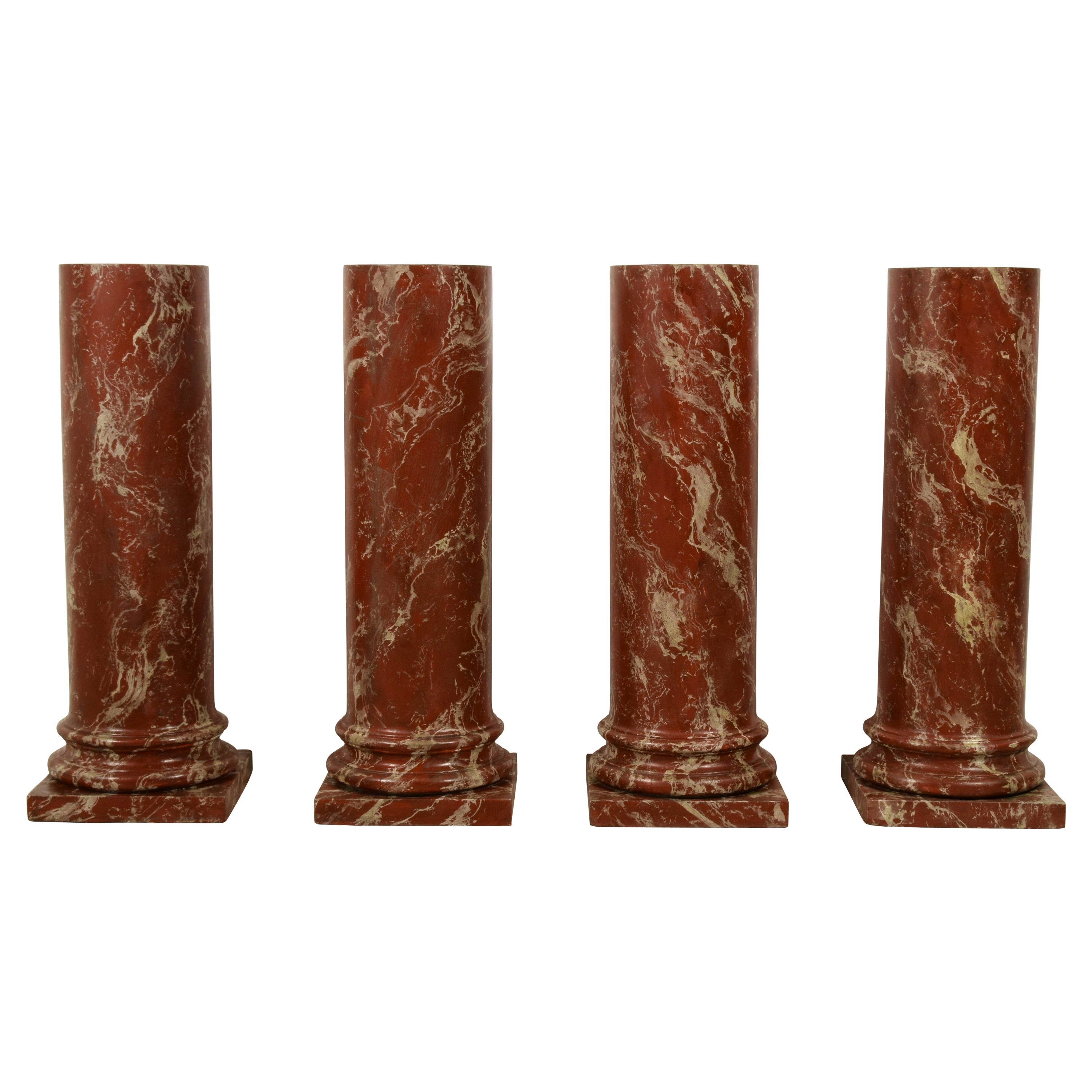 19th Century, Four Italian Wood Columns Lacquered in Faux Rosso di Verona Marble