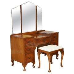 Vintage Burr Walnut Dressing Table & Stool with Trifold Mirrors Part of Suite