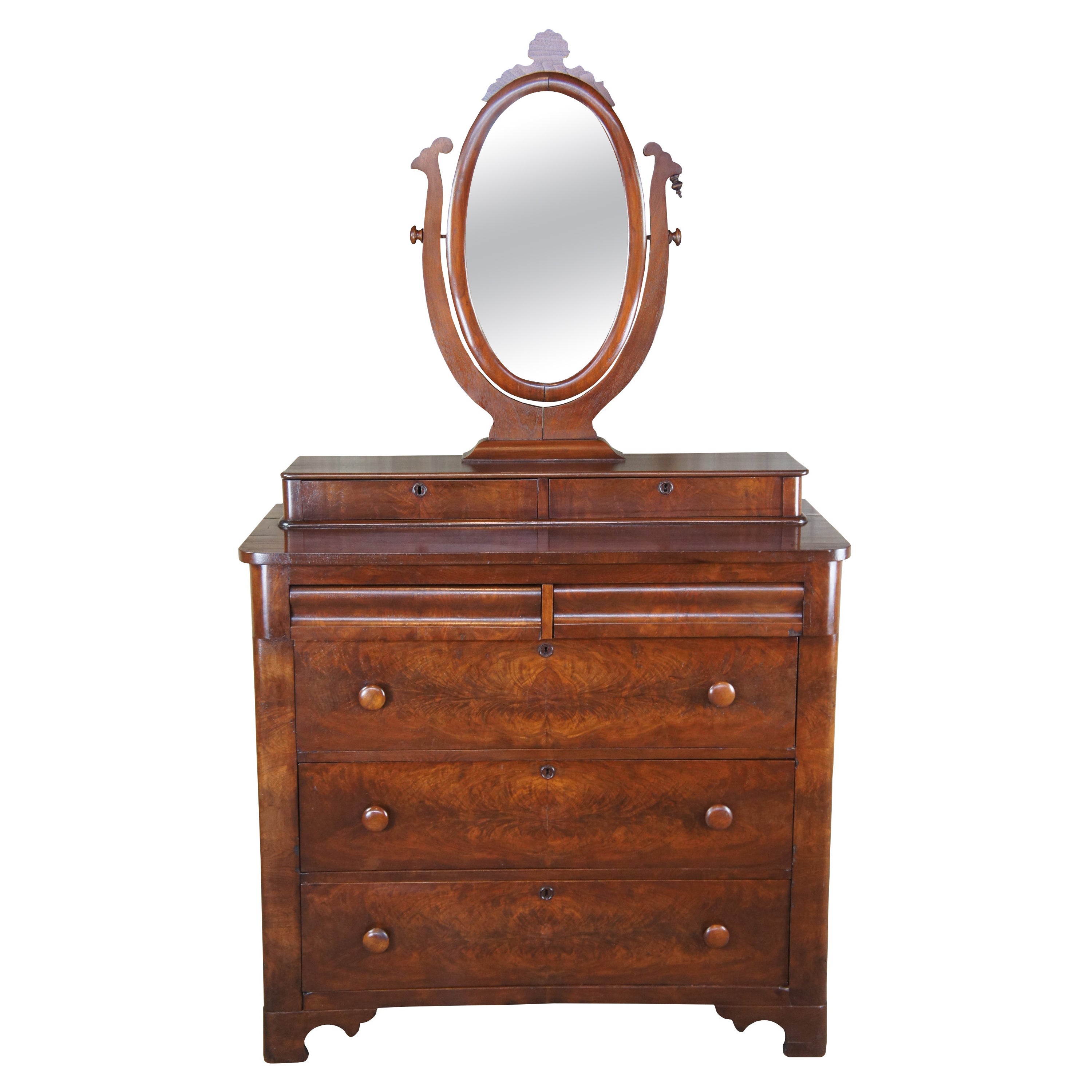 Antique American Empire Crotch Walnut Stepback Dresser Wishbone Mirror Chest