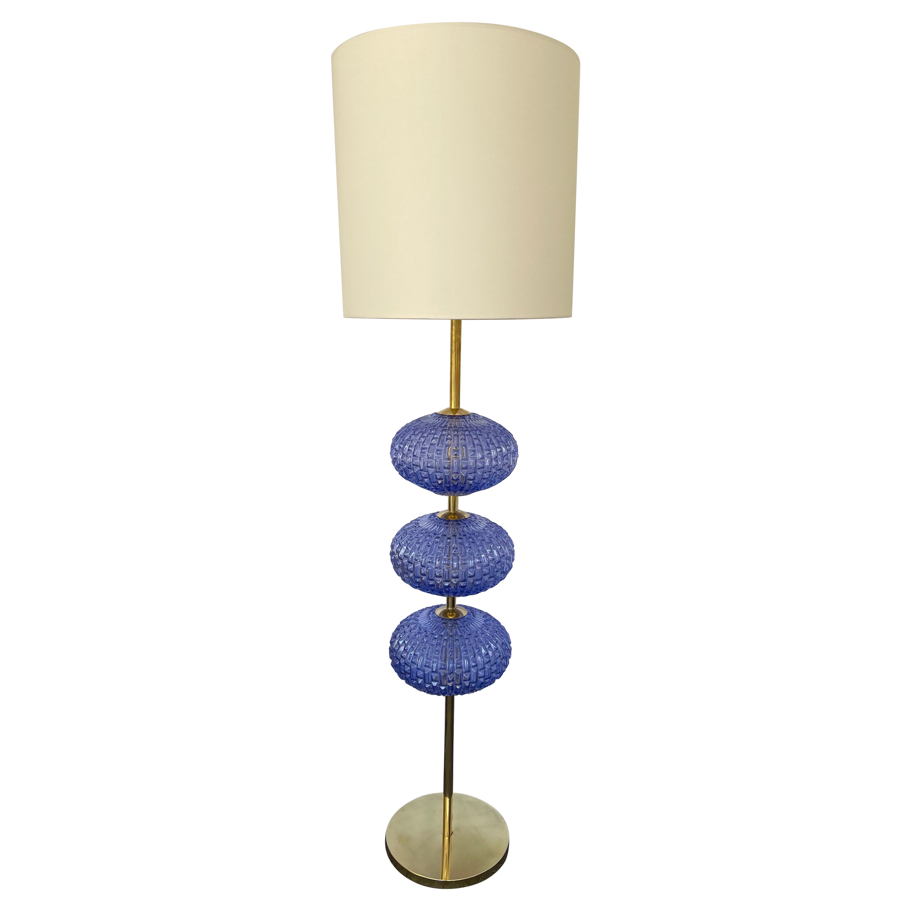 Lampadaire contemporain en verre de Murano avec ampoules bleues en laiton, Italie