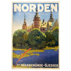 Original Vintage Poster Norden Denmark Warnemunde Gjedser Ferry Travel Route Map