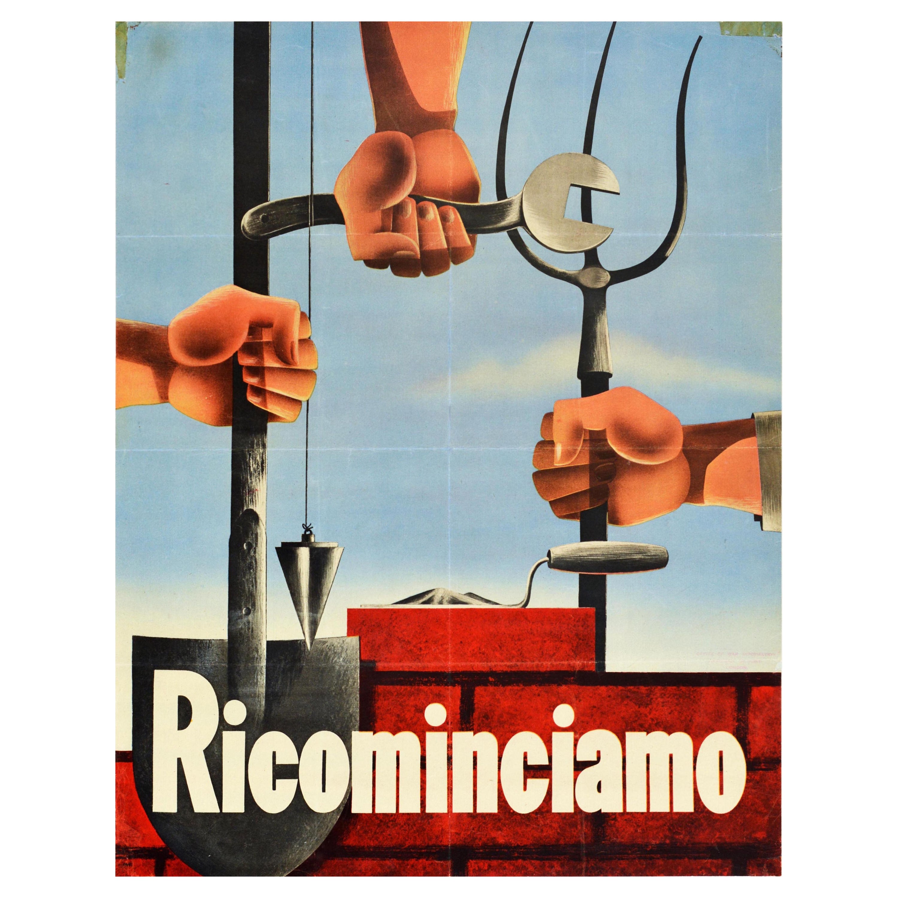 Affiche rétro originale de la Seconde Guerre mondiale, Ricominciamo reconstruit l'Italie, fermier agricole ouvrier