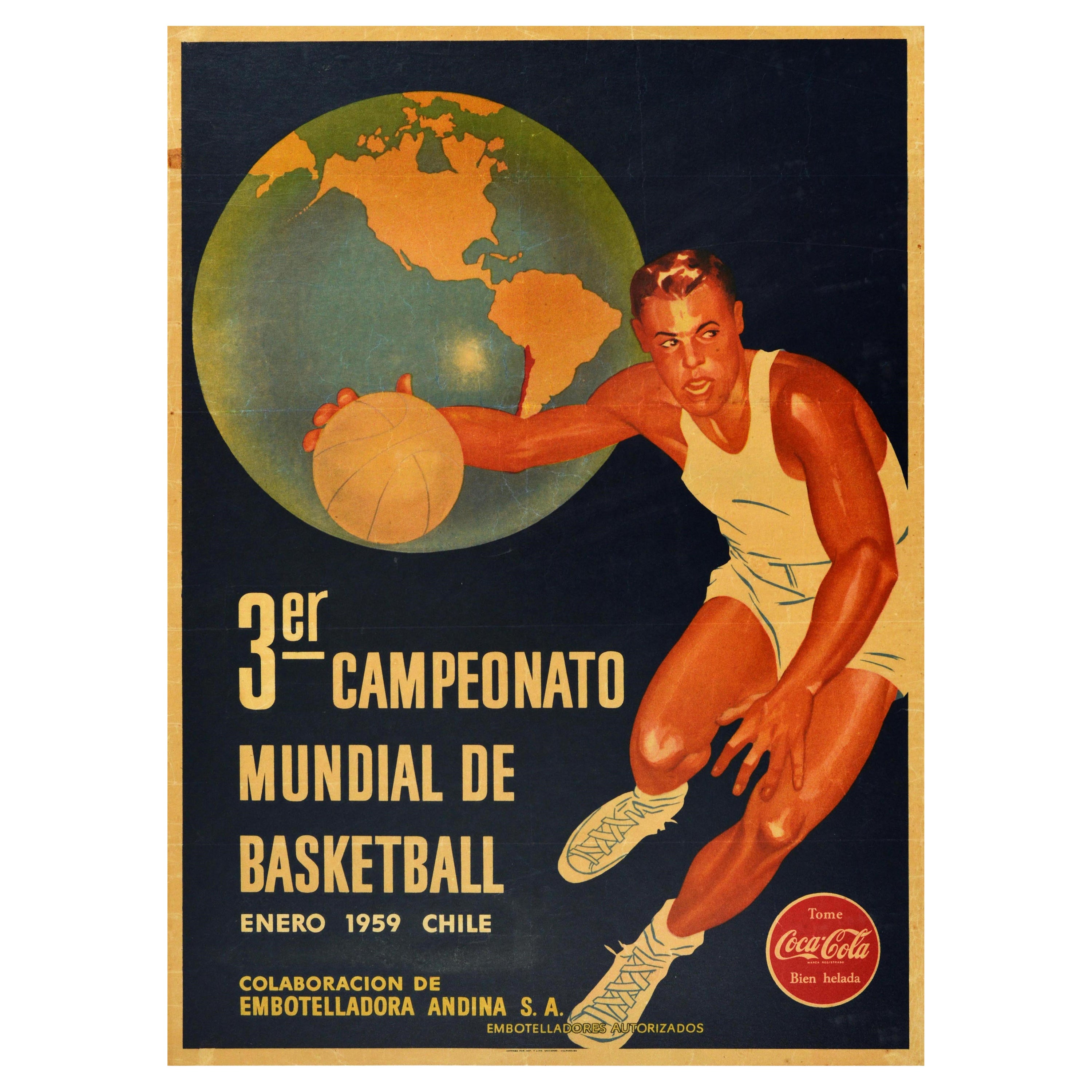 Original Vintage Sport Poster 3rd World Basketball Championship Chile Coca Cola
